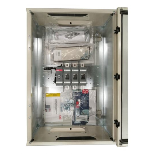 Safety switch, 3-p. 400V AC23 200A, 110kW. Steel sheet enclosure. IP65. Black Pistol handle. Interlocked cover. Defeatable interlocking.