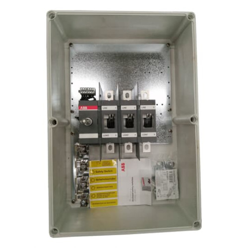 Safety switch, 3-p. 400V AC23 315A, 160kW. Plastic enclosure. IP65. RedYellow Pistol handle. Interlocked cover. Defeatable interlocking.