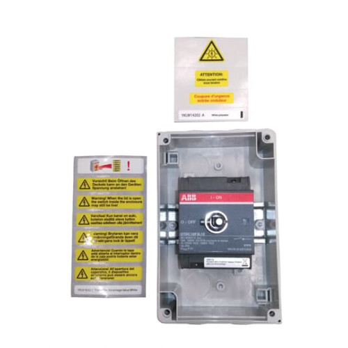 Enclosed solar switch DC21 660V/16A Plastic enclosure IP65 Yellow-red Selector handle. Interlocked cover.  Defeatable interlocking.