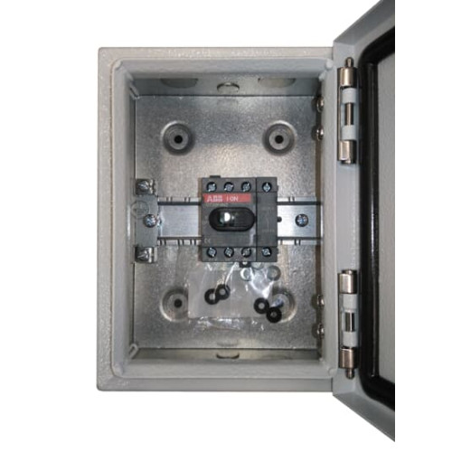 Enclosed Switch Disconnector, 4-p. 400V AC22 25A, Steel sheet enclosure, RedYellow Selector handle. Interlocked cover. Defeatable interlocking.