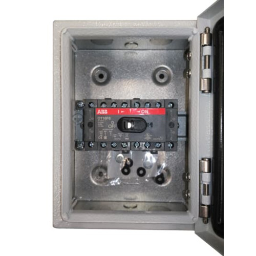 Enclosed Switch Disconnector, 6-p. 400V AC22 16A, Steel sheet enclosure, RedYellow Selector handle. Interlocked cover. Defeatable interlocking.