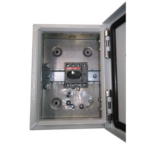 Enclosed Switch Disconnector, 3-p. 400V AC22 25A, Steel sheet enclosure, Black Selector handle. Interlocked cover. Defeatable interlocking.
