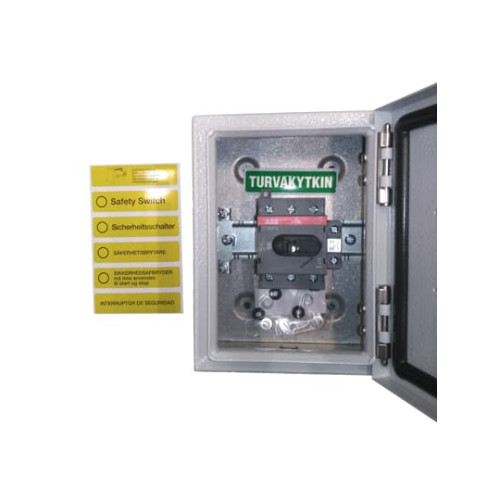 Safety switch, 3-p. 400V AC23 45A, 22kW. Steel sheet enclosure. IP65. RedYellow Selector handle. Interlocked cover. Defeatable interlocking.