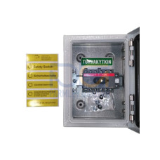 Safety switch, 6-p. 400V AC23 16A, 7.5kW. Steel sheet enclosure. IP65. RedYellow Selector handle. Interlocked cover. Defeatable interlocking.