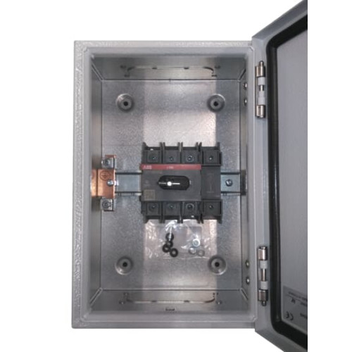 Enclosed Switch Disconnector, 4-p. 400V AC22 100A, Steel sheet enclosure, Black Pistol handle. Interlocked cover. Defeatable interlocking.