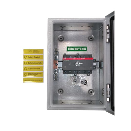 Safety switch, 6-p. 400V AC23 45A, 22kW. Steel sheet enclosure. IP65. Black Pistol handle. Interlocked cover. Defeatable interlocking.