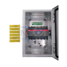 Safety switch, 6-p. 400V AC23 80A, 37kW. Steel sheet enclosure. IP65. Black Pistol handle. Interlocked cover. Defeatable interlocking.