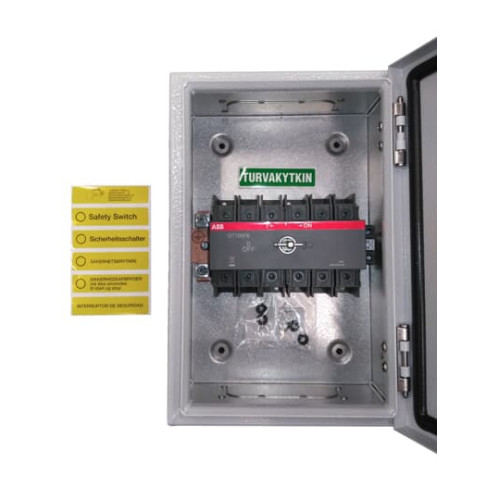 Safety switch, 6-p. 400V AC23 80A, 37kW. Steel sheet enclosure. IP65. Black Pistol handle. Interlocked cover. Defeatable interlocking.