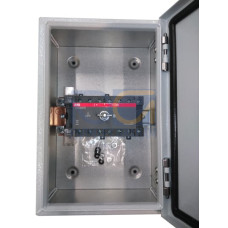 Enclosed Switch Disconnector, 6-p. 400V AC22 63A, Steel sheet enclosure, Black Pistol handle. Interlocked cover. Defeatable interlocking.