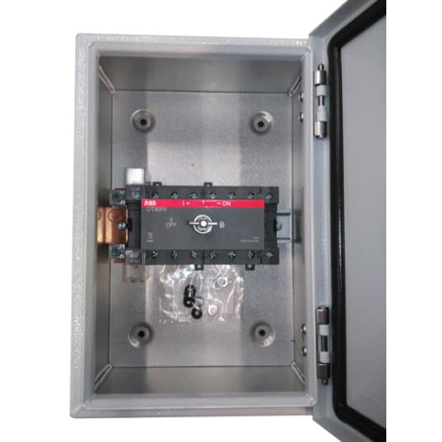 Enclosed Switch Disconnector, 6-p. 400V AC22 63A, Steel sheet enclosure, Black Pistol handle. Interlocked cover. Defeatable interlocking.