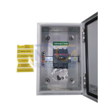 Safety switch, 3-p. 400V AC23 80A, 37kW. Steel sheet enclosure. IP65. RedYellow Selector handle. Interlocked cover. Defeatable interlocking.
