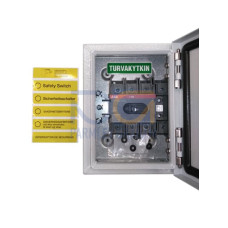 Safety switch, 4-p. 400V AC23 63A, 30kW. Steel sheet enclosure. IP65. Black Selector handle. Interlocked cover. Defeatable interlocking.