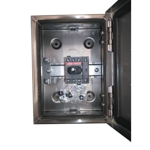 Enclosed Switch Disconnector, 3-p. 400V AC22 16A, Stainless steel enclosure, Black Selector handle. Interlocked cover. Defeatable interlocking.