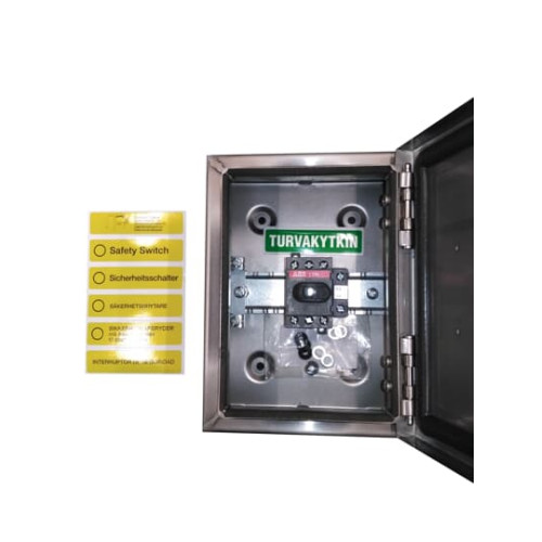 Safety switch, 3-p. 400V AC23 16A, 7.5kW. Stainless steel enclosure. IP65. Black Selector handle. Interlocked cover. Defeatable interlocking.