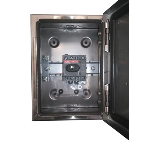 Enclosed Switch Disconnector, 4-p. 400V AC22 40A, Stainless steel enclosure, Black Selector handle. Interlocked cover. Defeatable interlocking.