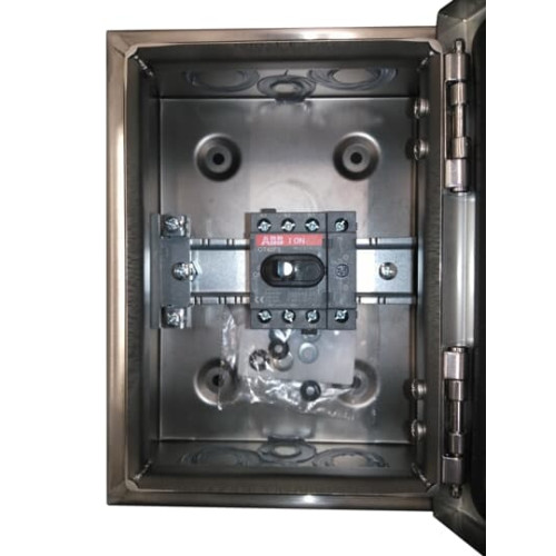 Enclosed Switch Disconnector, 3-p. 400V AC22 40A, Stainless steel enclosure, Black Selector handle. Interlocked cover. Defeatable interlocking.