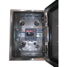Enclosed Switch Disconnector, 4-p. 400V AC22 25A, Stainless steel enclosure, Black Selector handle. Interlocked cover. Defeatable interlocking.
