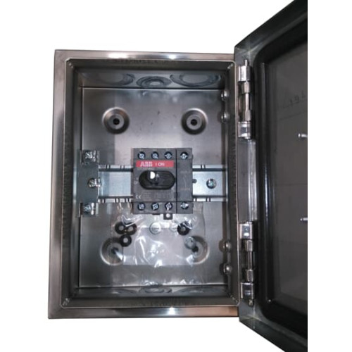 Enclosed Switch Disconnector, 4-p. 400V AC22 25A, Stainless steel enclosure, Black Selector handle. Interlocked cover. Defeatable interlocking.