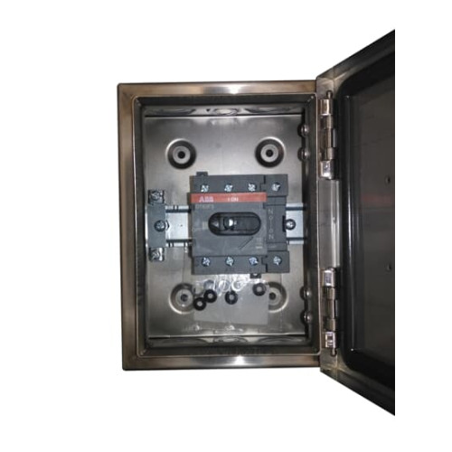 Enclosed Switch Disconnector, 3-p. 400V AC22 63A, Stainless steel enclosure, RedYellow Selector handle. Interlocked cover. Defeatable interlocking.