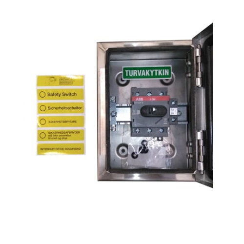 Safety switch, 3-p. 400V AC23 30A, 15kW. Stainless steel enclosure. IP65. Black Selector handle. Interlocked cover. Defeatable interlocking.