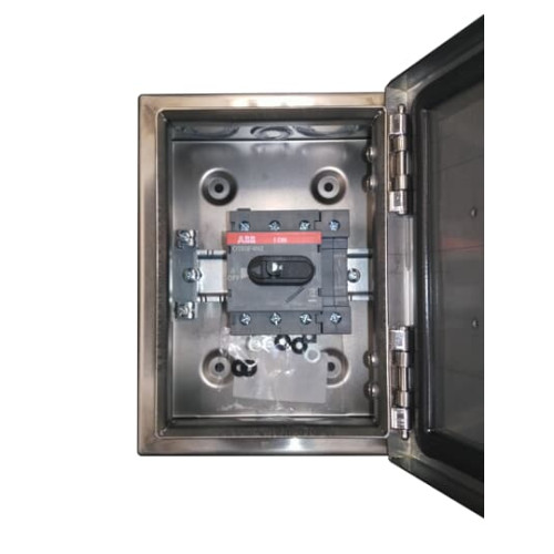 Enclosed Switch Disconnector, 4-p. 400V AC22 63A, Stainless steel enclosure, Black Selector handle. Interlocked cover. Defeatable interlocking.