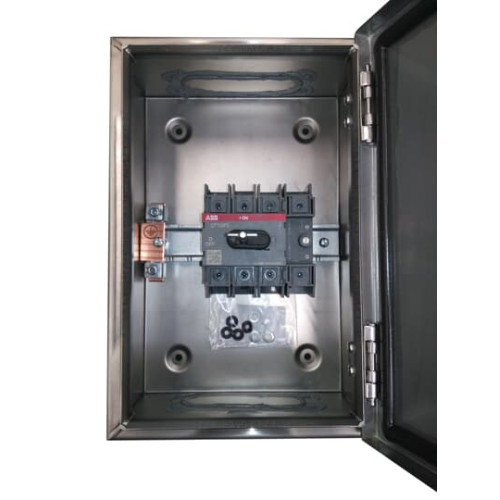 Enclosed Switch Disconnector, 3-p. 400V AC22 100A, Stainless steel enclosure, Black Pistol handle. Interlocked cover. Defeatable interlocking.