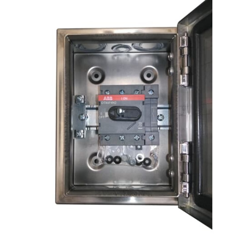 Enclosed Switch Disconnector, 4-p. 400V AC22 80A, Stainless steel enclosure, Black Selector handle. Interlocked cover. Defeatable interlocking.
