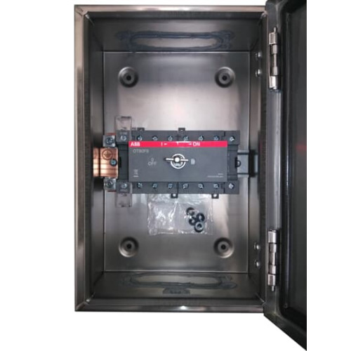 Enclosed Switch Disconnector, 6-p. 400V AC22 63A, Stainless steel enclosure, Black Pistol handle. Interlocked cover. Defeatable interlocking.