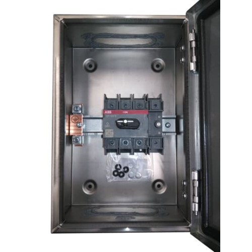 Enclosed Switch Disconnector, 3-p. 400V AC22 125A, Stainless steel enclosure, Black Pistol handle. Interlocked cover. Defeatable interlocking.