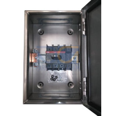 Enclosed Switch Disconnector, 4-p. 400V AC22 125A, Stainless steel enclosure, Black Pistol handle. Interlocked cover. Defeatable interlocking.