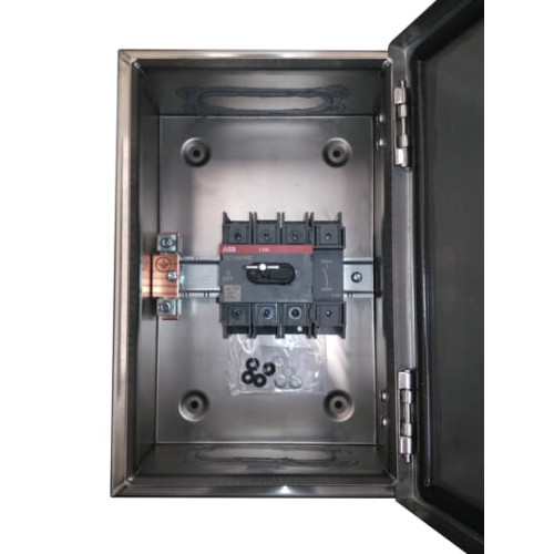 Enclosed Switch Disconnector, 4-p. 400V AC22 125A, Stainless steel enclosure, Black Pistol handle. Interlocked cover. Defeatable interlocking.