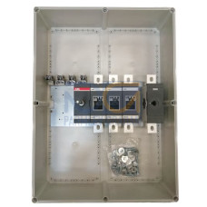 Enclosed Switch Disconnector, 3-p. 400V AC22 570A, Plastic enclosure, Black Pistol handle. Interlocked cover. Defeatable interlocking.