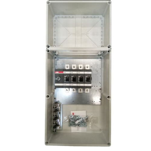 Enclosed Switch Disconnector, 4-p. 400V AC22 400A, Plastic enclosure, Black Pistol handle. Interlocked cover. Defeatable interlocking.