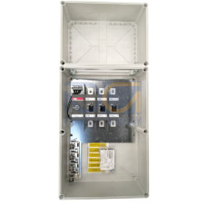 Safety switch, 3-p. 400V AC23 400A, 220kW. Plastic enclosure. IP65. RedYellow Pistol handle. Interlocked cover. Defeatable interlocking.