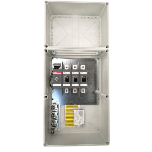 Safety switch, 3-p. 400V AC23 400A, 220kW. Plastic enclosure. IP65. RedYellow Pistol handle. Interlocked cover. Defeatable interlocking.
