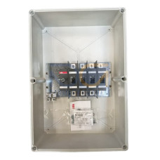 Enclosed Switch Disconnector, 4-p. 400V AC22 200A, Plastic enclosure, RedYellow Pistol handle. Interlocked cover. Defeatable interlocking.