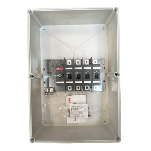 Enclosed Switch Disconnector, 4-p. 400V AC22 200A, Plastic enclosure, RedYellow Pistol handle. Interlocked cover. Defeatable interlocking.