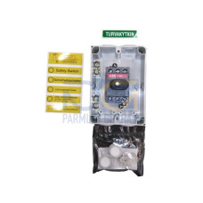 Safety switch, 3-p. 400V AC23 16A, 7.5kW. Plastic enclosure. IP65. RedYellow Selector handle. Interlocked cover. Defeatable interlocking.