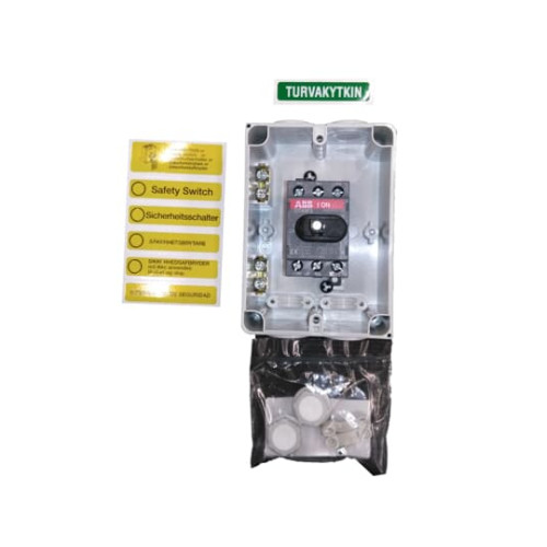 Safety switch, 3-p. 400V AC23 16A, 7.5kW. Plastic enclosure. IP65. RedYellow Selector handle. Interlocked cover. Defeatable interlocking.