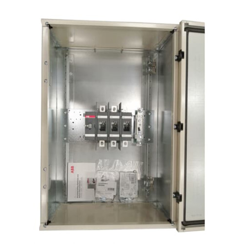 Enclosed Switch Disconnector, 3-p. 400V AC22 250A, Steel sheet enclosure, Black Pistol handle. Interlocked cover. Defeatable interlocking.