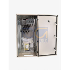 Safety switch, 3-p. 400V AC23 200A, 110kW. Steel sheet enclosure. IP65. Black Pistol handle. Interlocked cover. Defeatable interlocking.