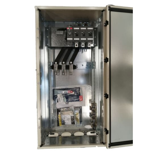 EMC safety switch, 3-p. 400V AC23 200A, 110kW. Steel sheet enclosure. IP65. Black Pistol handle. Interlocked cover. Defeatable interlocking.