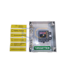 Safety switch, 4-p. 400V AC23 16A, 7.5kW. Plastic enclosure. IP65. RedYellow Selector handle. Interlocked cover. Defeatable interlocking.