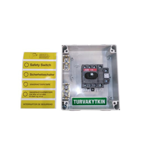 Safety switch, 4-p. 400V AC23 16A, 7.5kW. Plastic enclosure. IP65. RedYellow Selector handle. Interlocked cover. Defeatable interlocking.