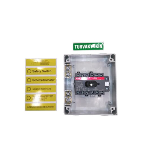 Safety switch, 6-p. 400V AC23 16A, 7.5kW. Plastic enclosure. IP65. RedYellow Selector handle. Interlocked cover. Defeatable interlocking.