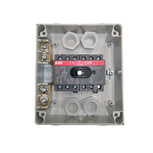 Enclosed Switch Disconnector, 6-p. 400V AC22 16A, Plastic enclosure, Black Selector handle. Interlocked cover. Defeatable interlocking.