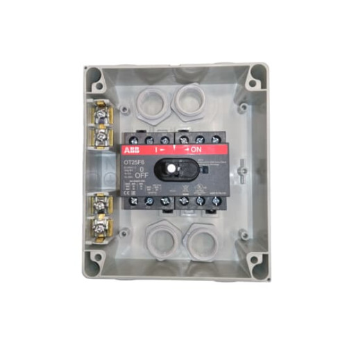 Enclosed Switch Disconnector, 6-p. 400V AC22 25A, Plastic enclosure, Black Selector handle. Interlocked cover. Defeatable interlocking.