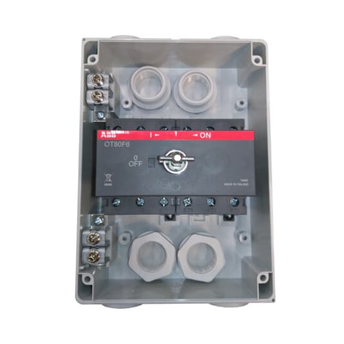 Enclosed Switch Disconnector, 6-p. 400V AC22 63A, Plastic enclosure, Black Pistol handle. Interlocked cover. Defeatable interlocking.