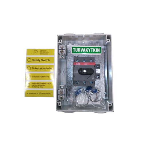 EMC safety switch, 3-p. 400V AC23 45A, 22kW. Plastic enclosure. IP65. RedYellow Selector handle. Interlocked cover. Defeatable interlocking.