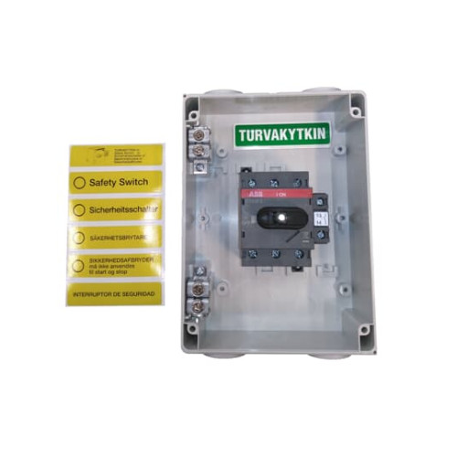 Safety switch, 3-p. 400V AC23 30A, 15kW. Plastic enclosure. IP65. Black Selector handle. Interlocked cover. Defeatable interlocking.